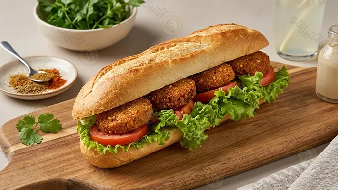 ساندویچ فلافل به همراه گوجه ورقه ای و کاهو در دوره آموزش تهیه فلافل
