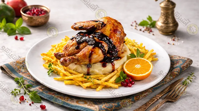 بشقاب اکبرجوجه با ساید دیش سیب زمینی و نارنج و سس انار از دوره آشپزی ایرانی