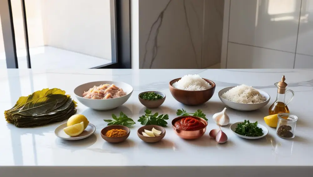 مواد اولیه دلمه برگ انگور با مرغ