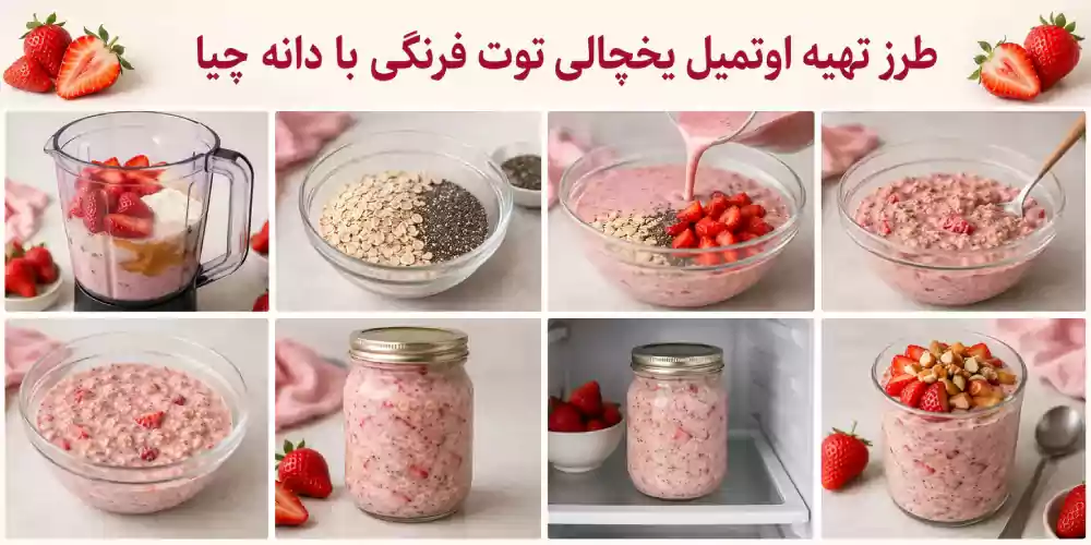 طرز تهیه اوتمیل یخچالی توت فرنگی با دانه چیا