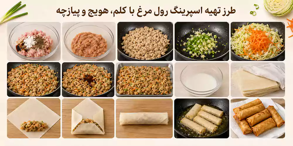 طرز تهیه اسپرینگ رول مرغ با کلم، هویج و پیازچه 